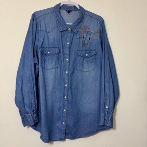 Torrid Embroidered Denim Shirt Women’s Size 3X Western Snap Long Sleeve
